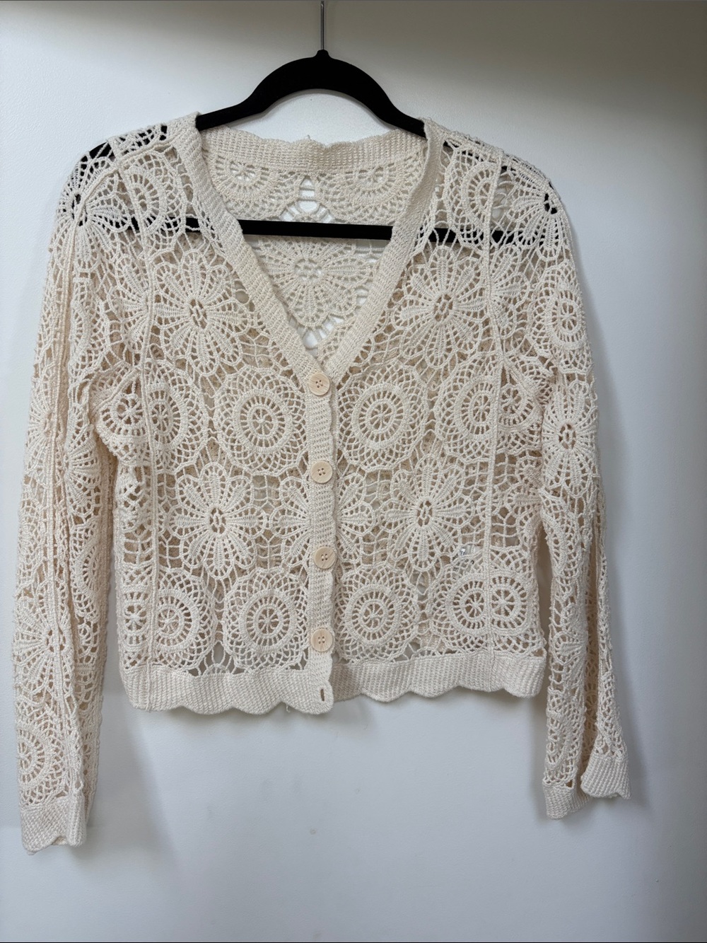 Crochet Openwork Button-Front Cardigan - Cream